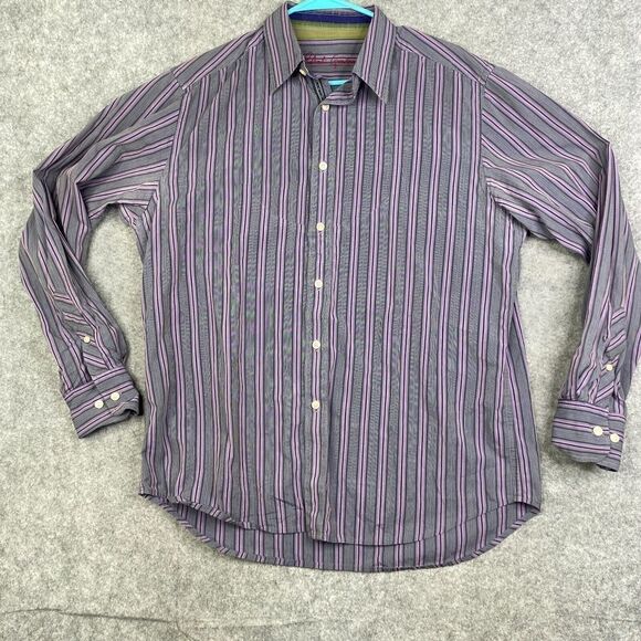 Robert Graham Shirt Mens Large Gray Purple Striped Long Sleeve Flip Cuff - Picture 1 of 10